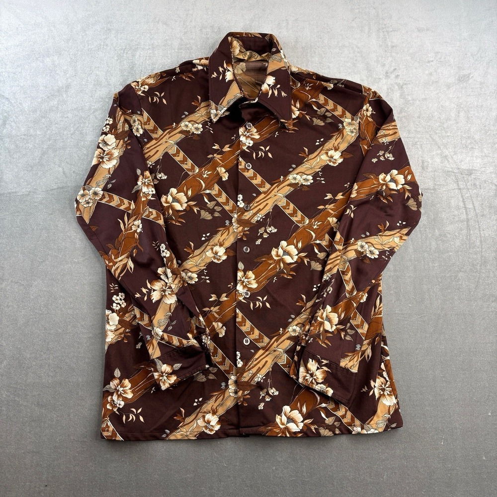 VTG 70s Floral Button Up Shirt Brown Pattern Disco Style Mens Large